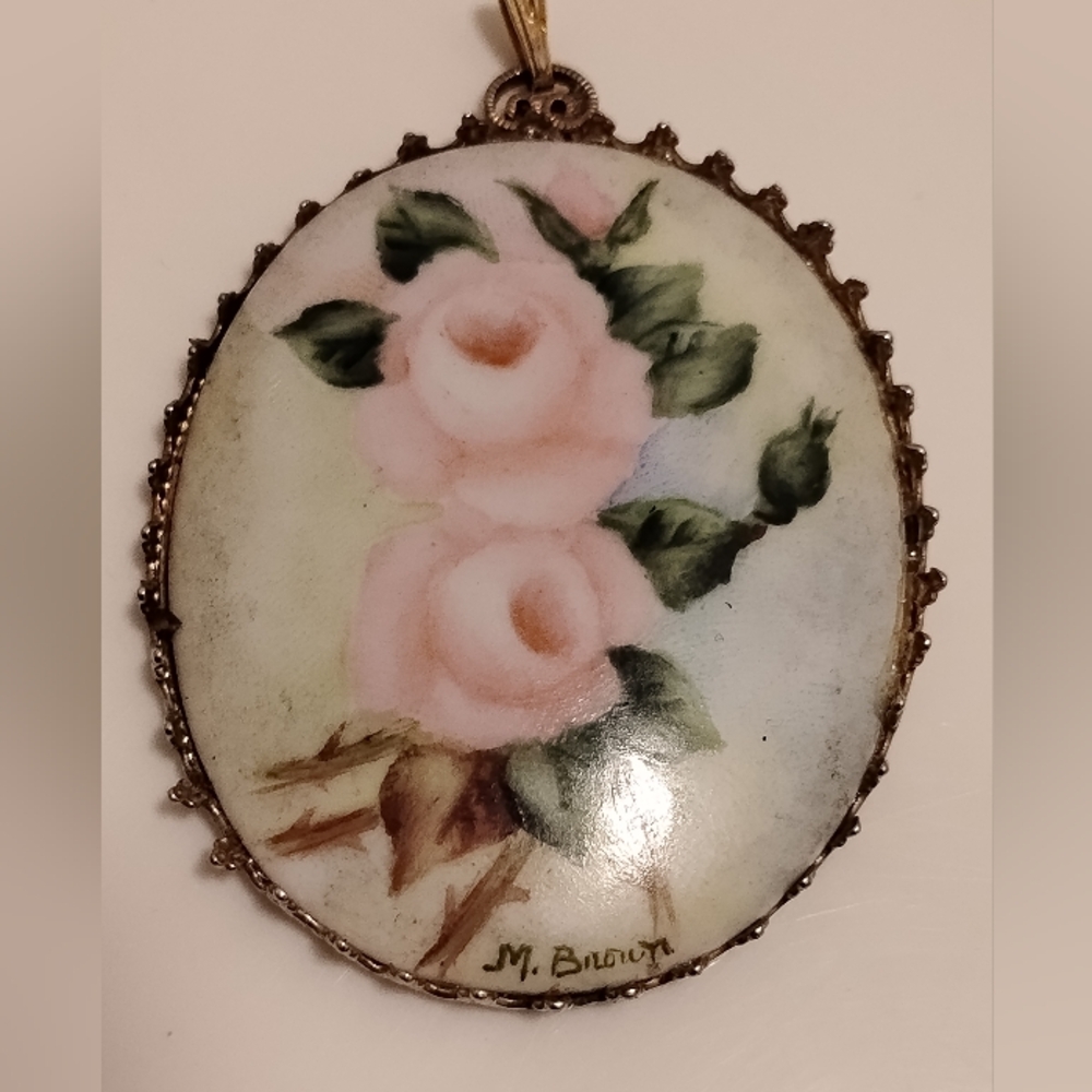 Vintage Hand Painted Floral Bezel Set Porcelain Pendant Silver Tone